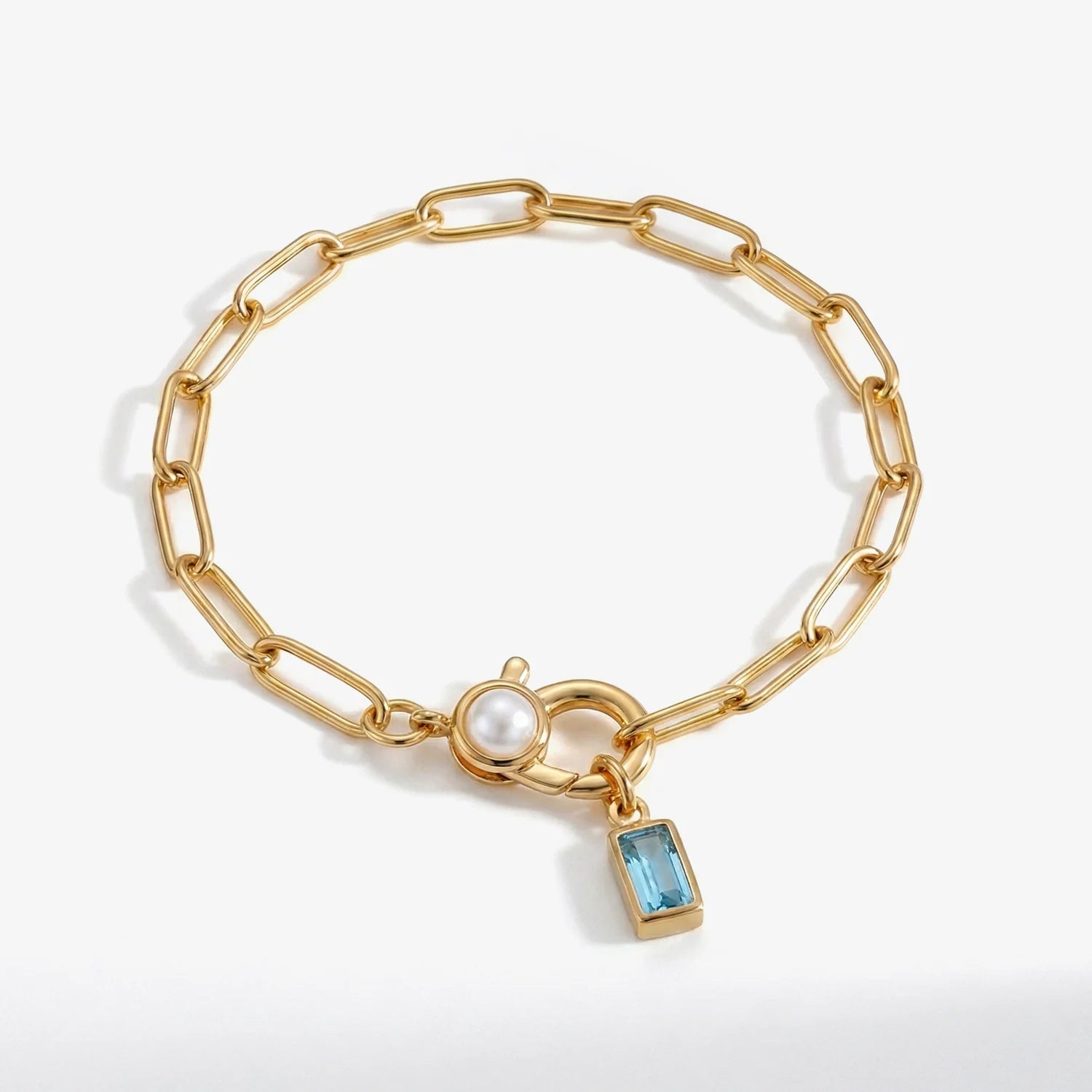 Paperclip Bracelet with Pearl Accent with  Birthstone Charm