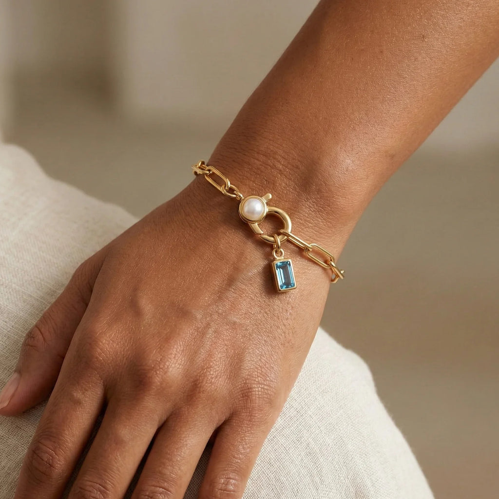 Paperclip Bracelet with Pearl Accent with  Birthstone Charm