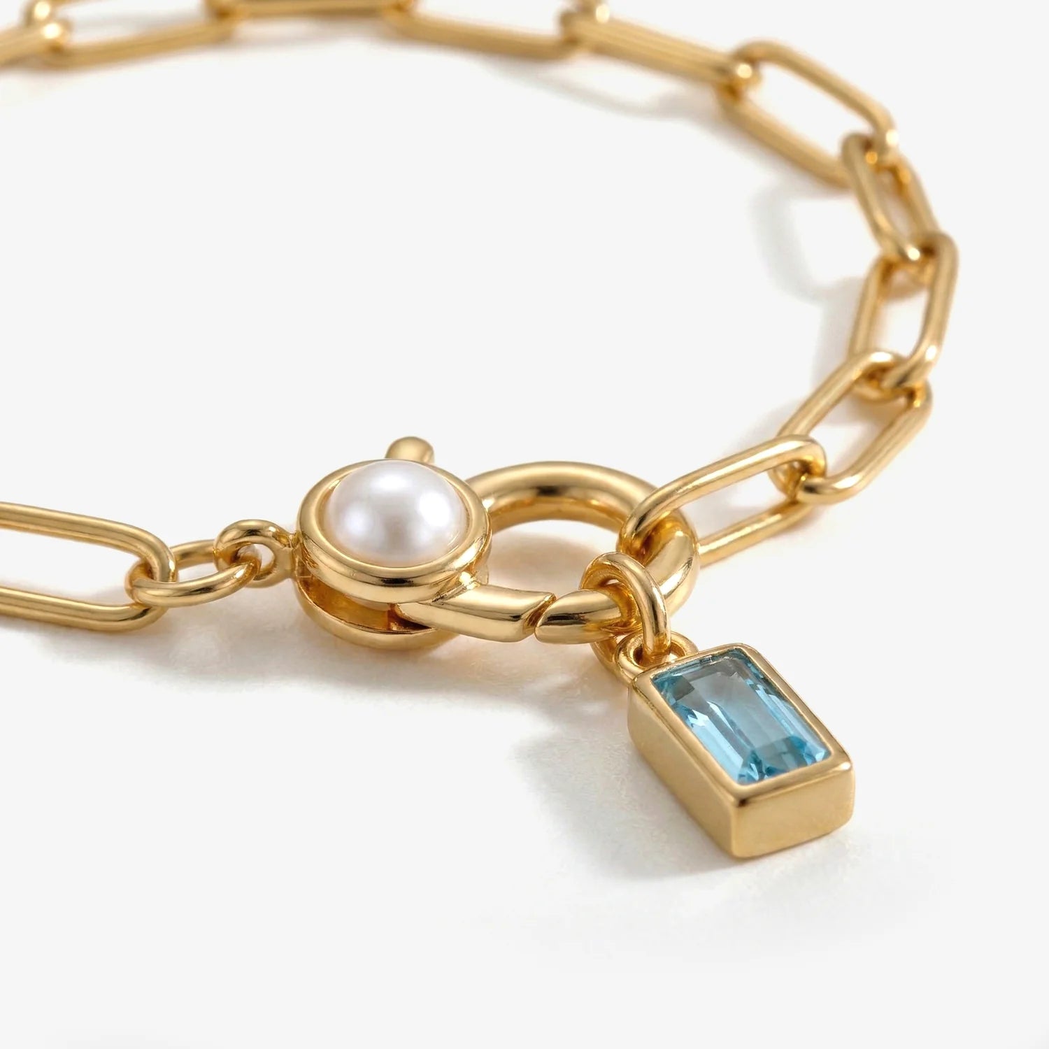 Paperclip Bracelet with Pearl Accent with  Birthstone Charm
