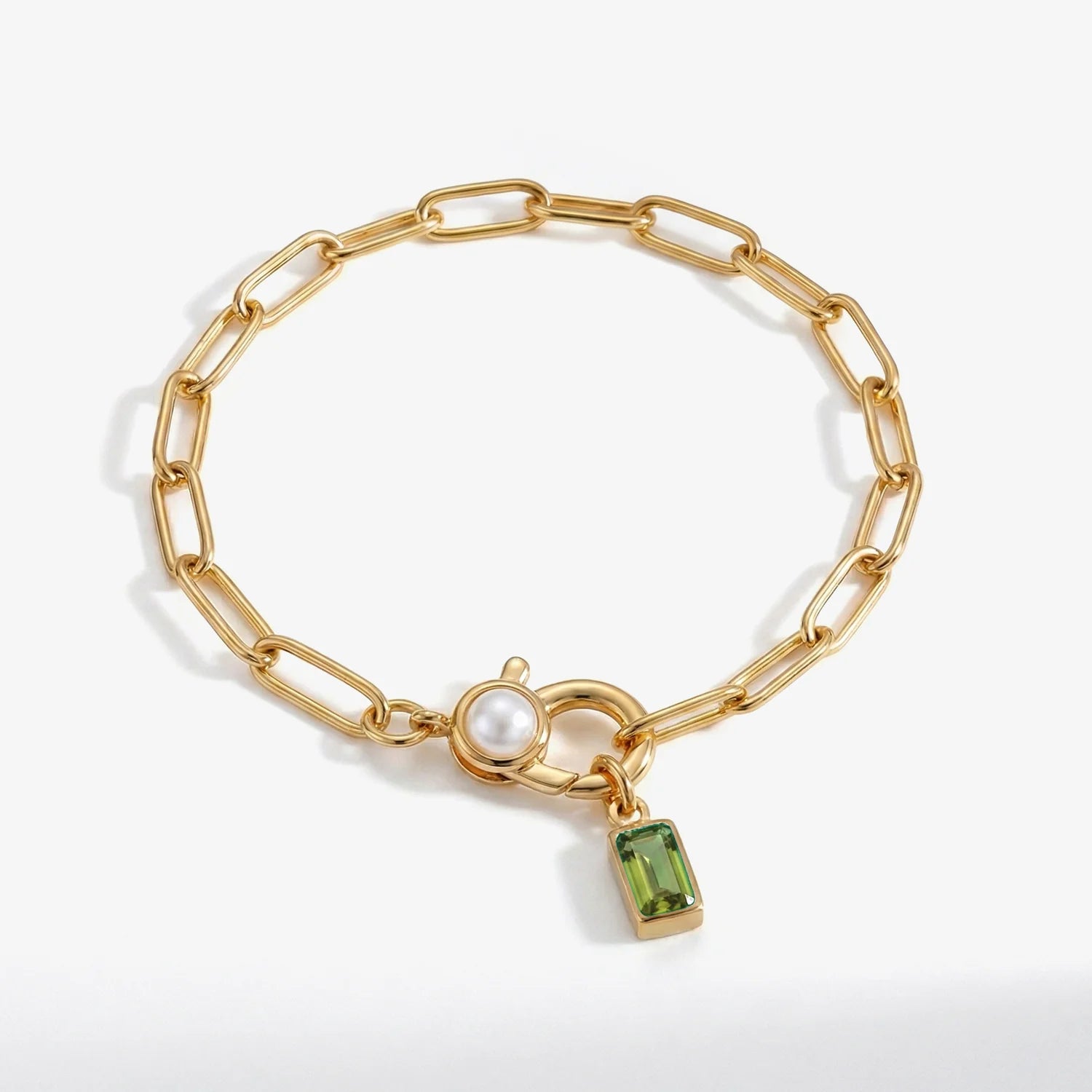 Paperclip Bracelet with Pearl Accent with  Birthstone Charm