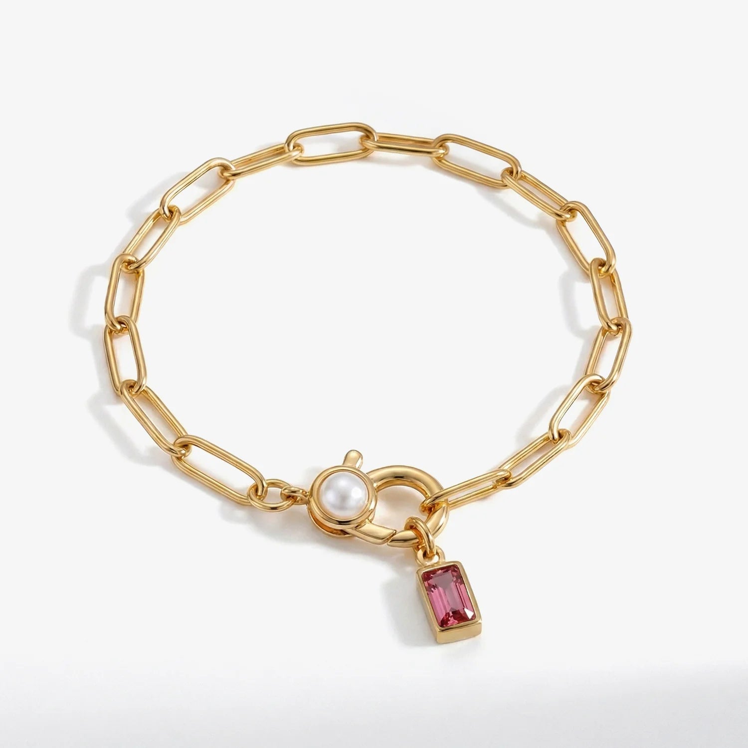 Paperclip Bracelet with Pearl Accent with  Birthstone Charm