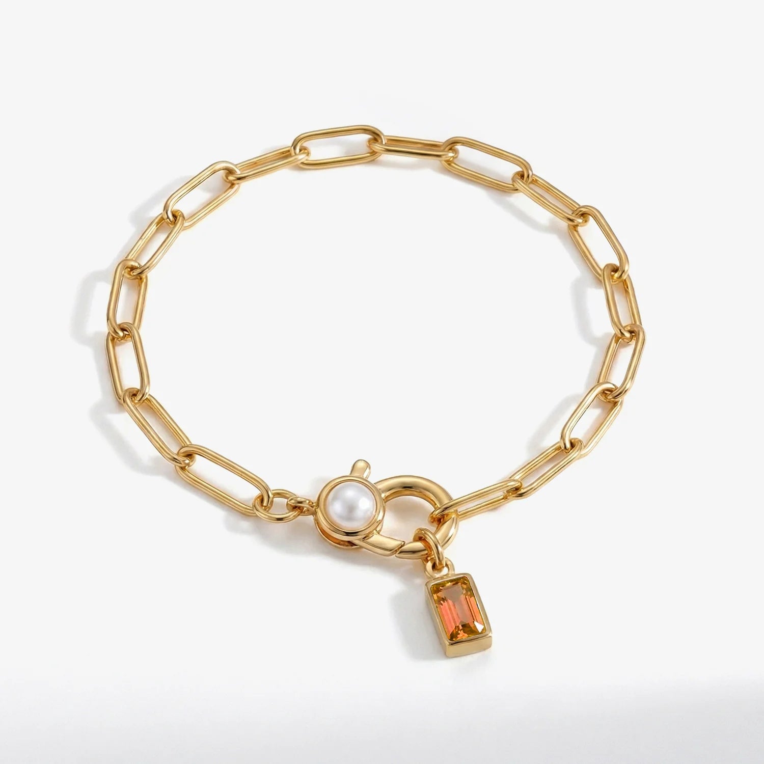 Paperclip Bracelet with Pearl Accent with  Birthstone Charm