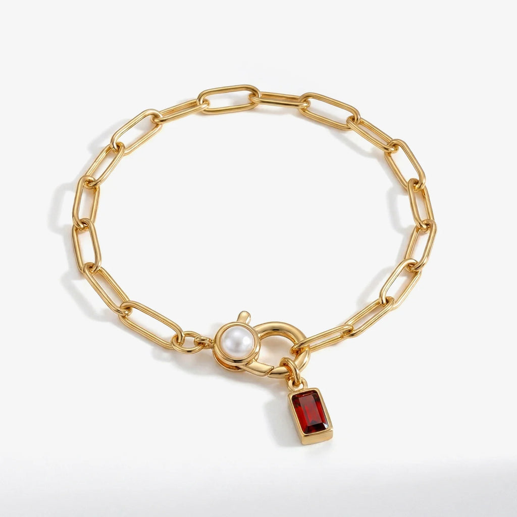 Paperclip Bracelet with Pearl Accent with  Birthstone Charm