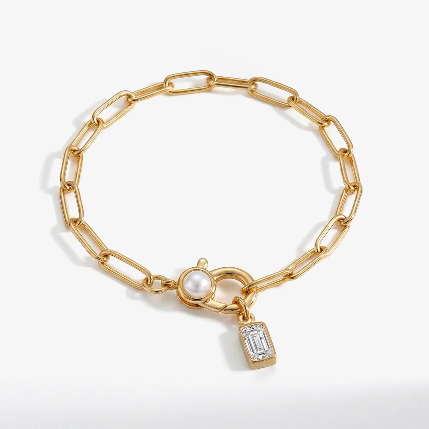 Paperclip Bracelet with Pearl Accent with  Birthstone Charm