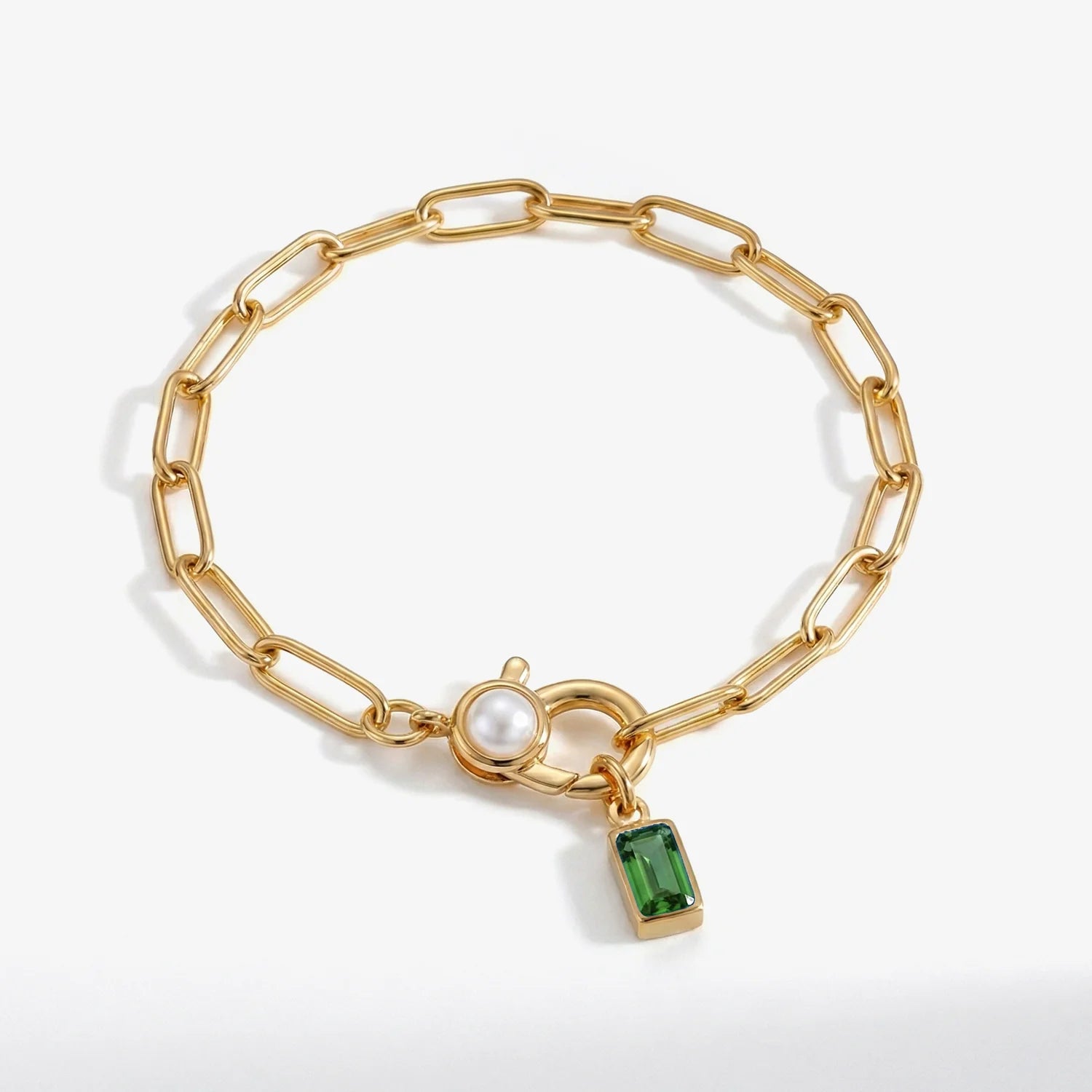 Paperclip Bracelet with Pearl Accent with  Birthstone Charm