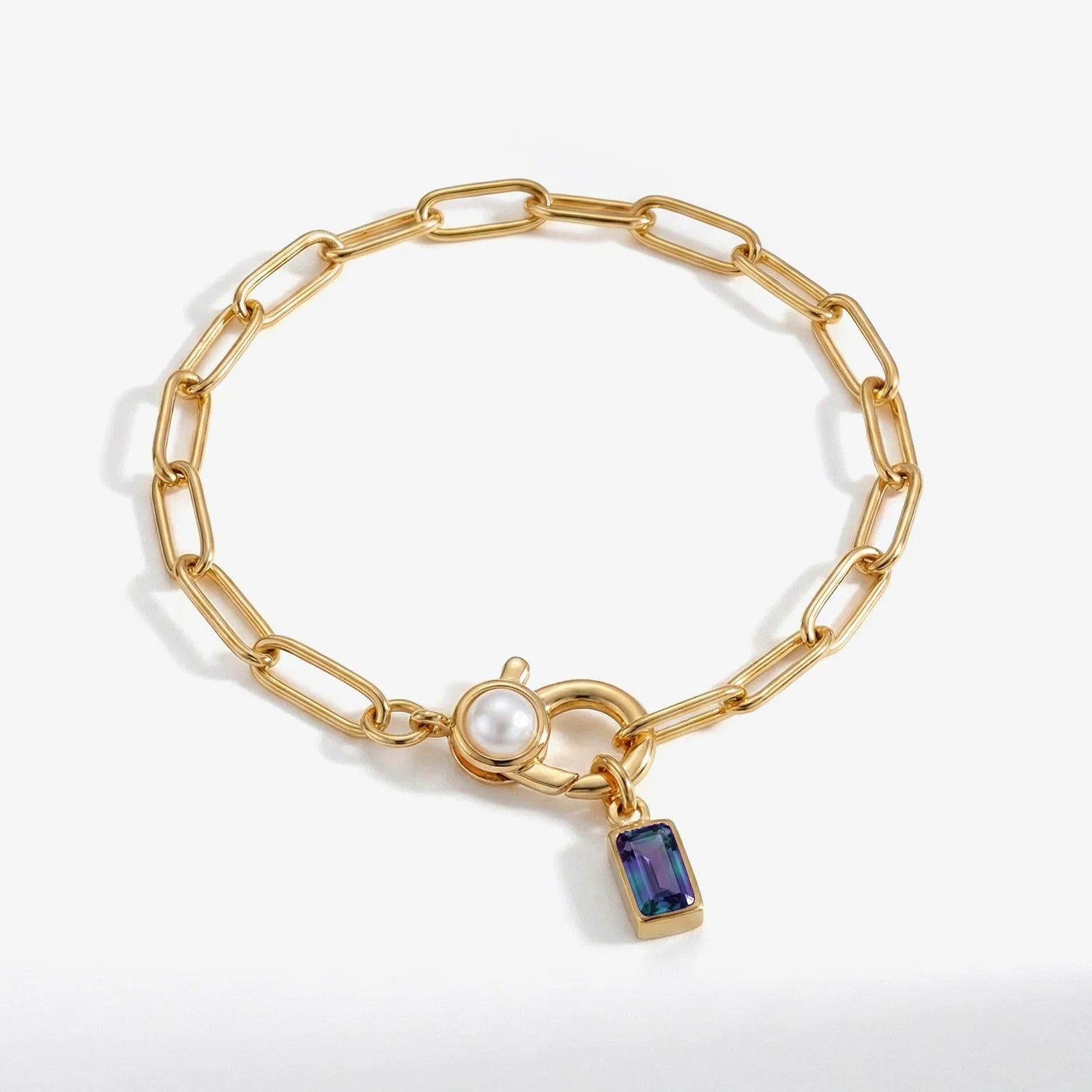 Paperclip Bracelet with Pearl Accent with  Birthstone Charm